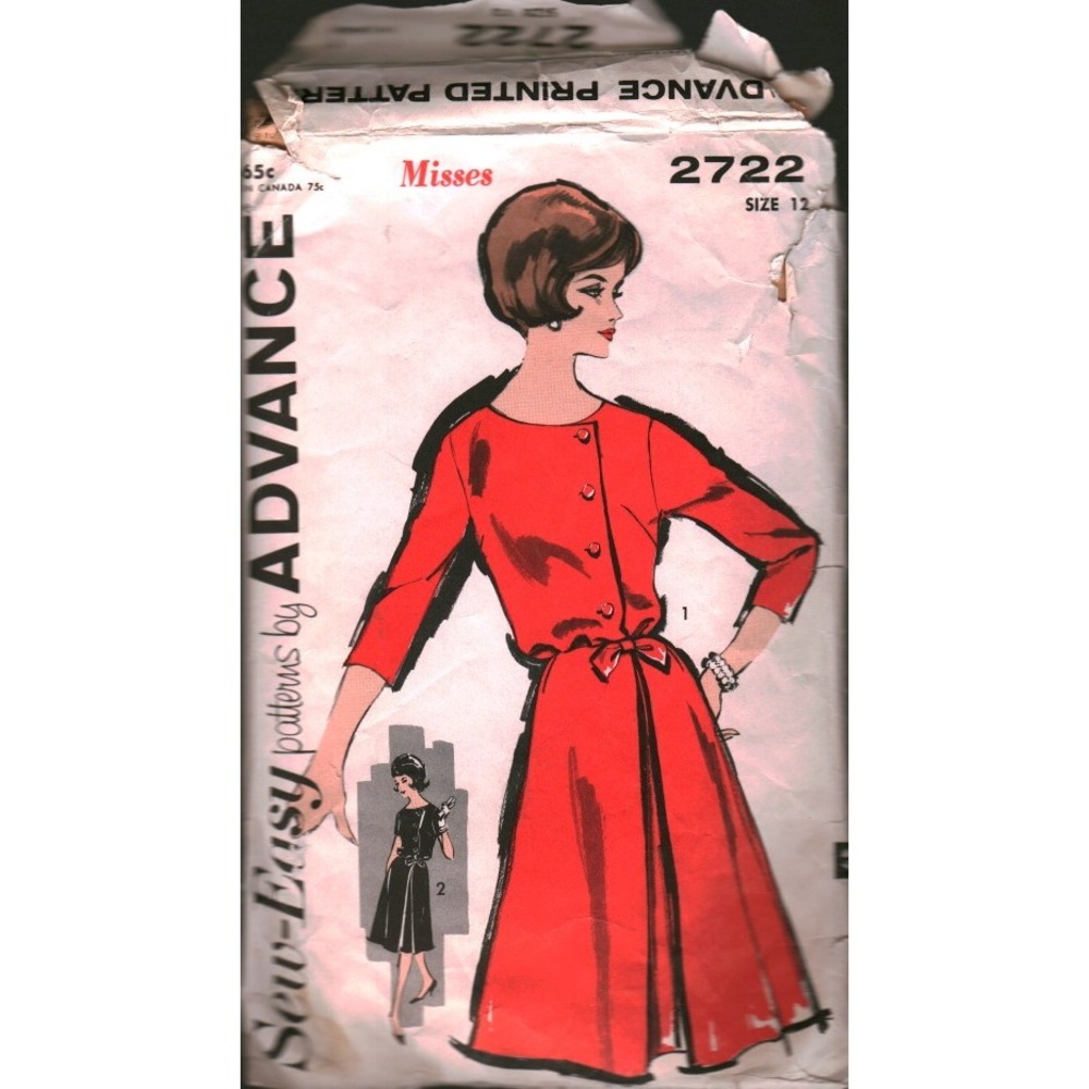 Vintage Advance 2722 Misses Dress Pattern Size 12 Bust 32 MCM Side Button Skirt
